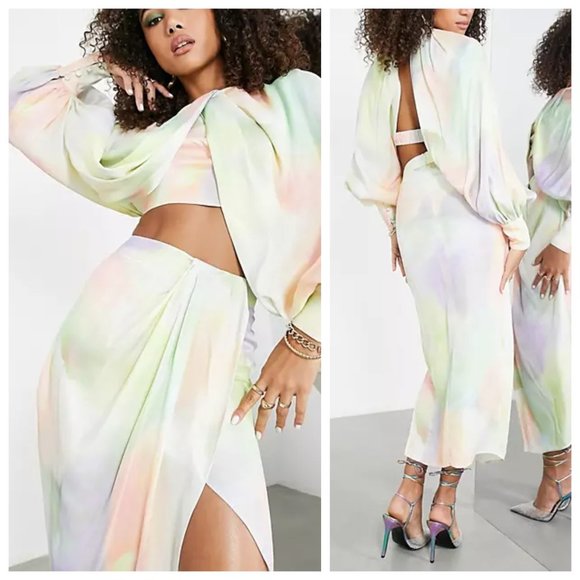 ASOS Edition Satin Watercolor Tie Dye Print Drape Wrap Slit High Rise Midi Skirt - Picture 2 of 6